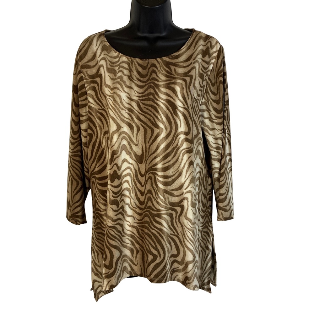 Chicos Travelers Zebra Print Tunic Top Brown Tan 3/4 Sleeve Size 1 M 8-10